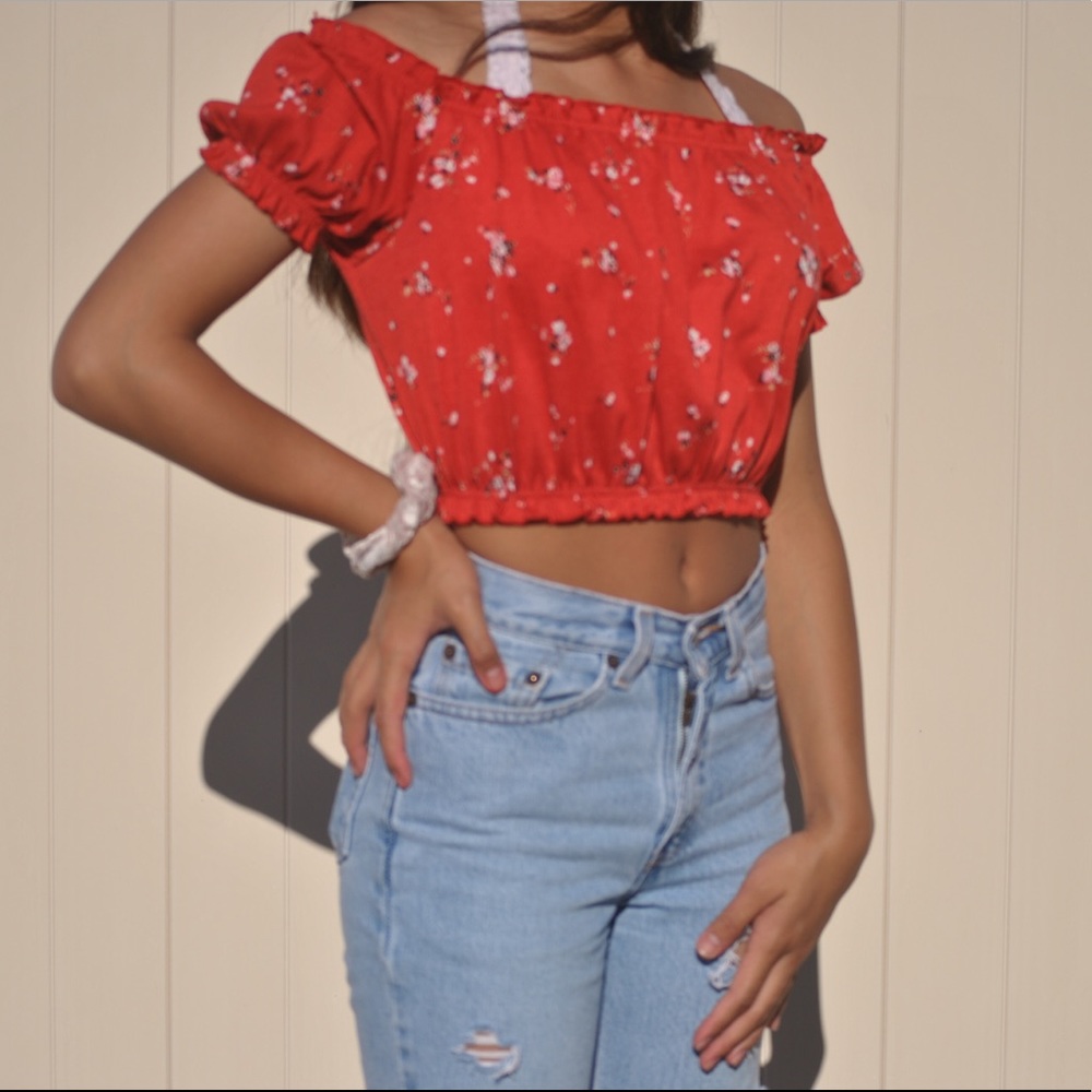 off the shoulder red floral top!